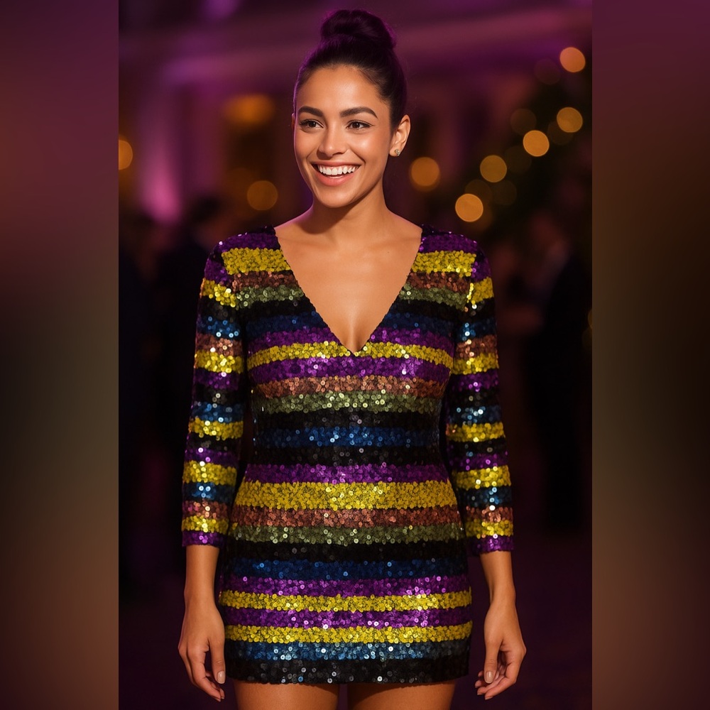 Rehab Multicolor Sequin Striped Mini Dress Size L